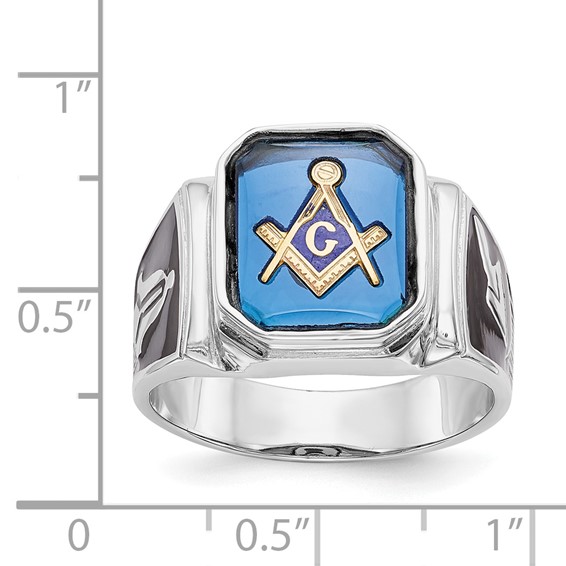 IB Goodman 14k White Gold Polished and Textured with Black Enamel and Imitation Blue Spinel Masonic Ring