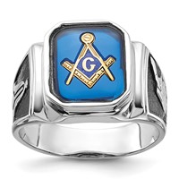 IB Goodman 14K White Gold Polished and Textured Ring with Black Enamel and Imitation Blue Spinel Masonic view 1