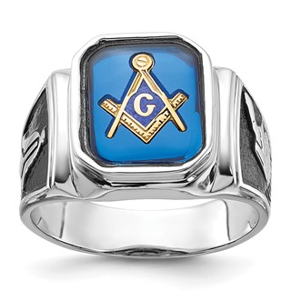 IB Goodman 14k White Gold Polished and Textured with Black Enamel and Imitation Blue Spinel Masonic Ring