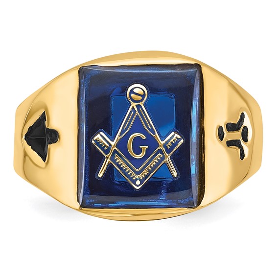 IB Goodman 14k Mens Polished and Grooved with Black Enamel and Imitation Blue Spinel Masonic Ring