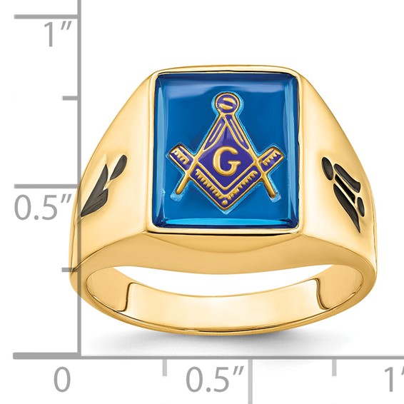 IB Goodman 14k Mens Polished and Grooved with Black Enamel and Imitation Blue Spinel Masonic Ring