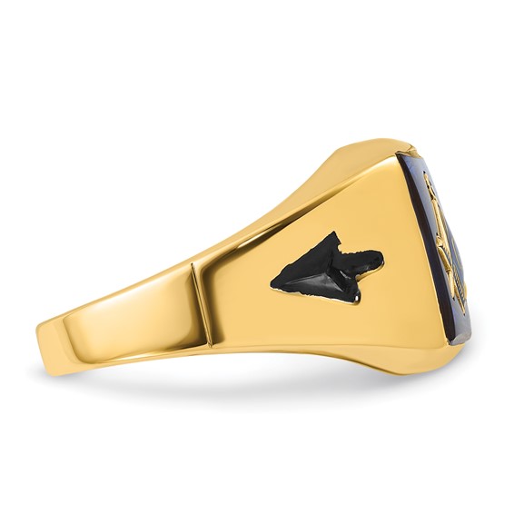 IB Goodman 14k Mens Polished and Grooved with Black Enamel and Imitation Blue Spinel Masonic Ring