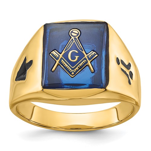 IB Goodman 14K Yellow Gold Mens Polished and Grooved Ring with Black Enamel and Imitation Blue Spinel Masonic