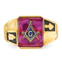 IB Goodman 14K Yellow Gold Mens Polished and Textured Black Enamel Lab Created Ruby Masonic Ring view 4