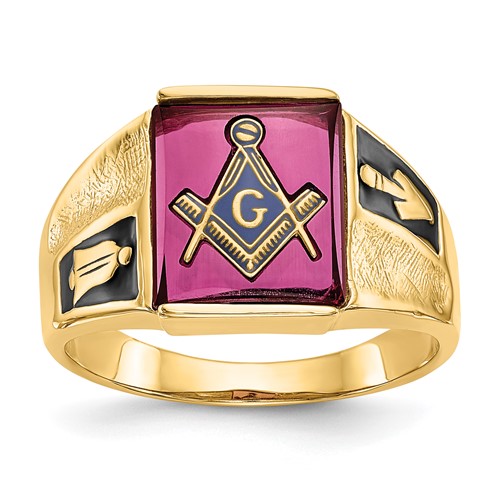 10K Yellow Gold Men's Polished and Textured Ring with Black Enamel and Lab Created Ruby Masonic
