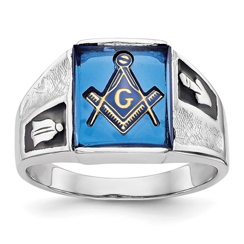IB Goodman 14K White Gold Mens Polished and Textured Black Enamel Imitation Blue Spinel Masonic Ring