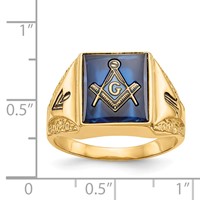 IB Goodman 14K Yellow Gold Mens Polished Antiqued and Textured Ring with Imitation Blue Spinel Masonic view 3