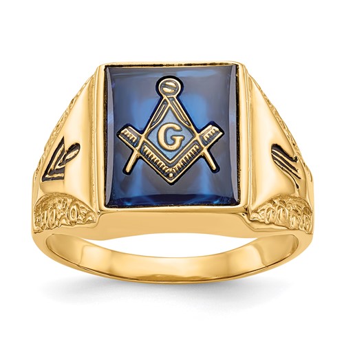 IB Goodman 14K Yellow Gold Mens Polished Antiqued and Textured Ring with Imitation Blue Spinel Masonic