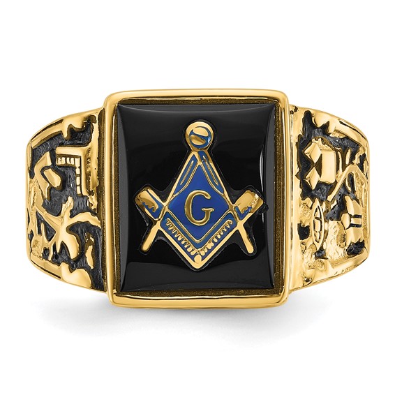 IB Goodman 14k Mens Polished and Textured with Black Enamel and Onyx Masonic Ring