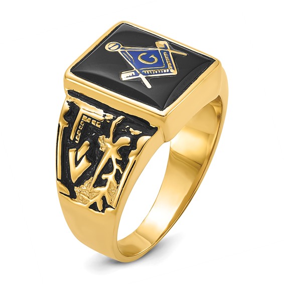 IB Goodman 14k Mens Polished and Textured with Black Enamel and Onyx Masonic Ring