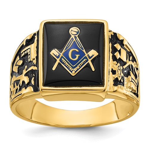 IB Goodman 14K Yellow Gold Mens Polished and Textured Ring with Black Enamel and Onyx Masonic