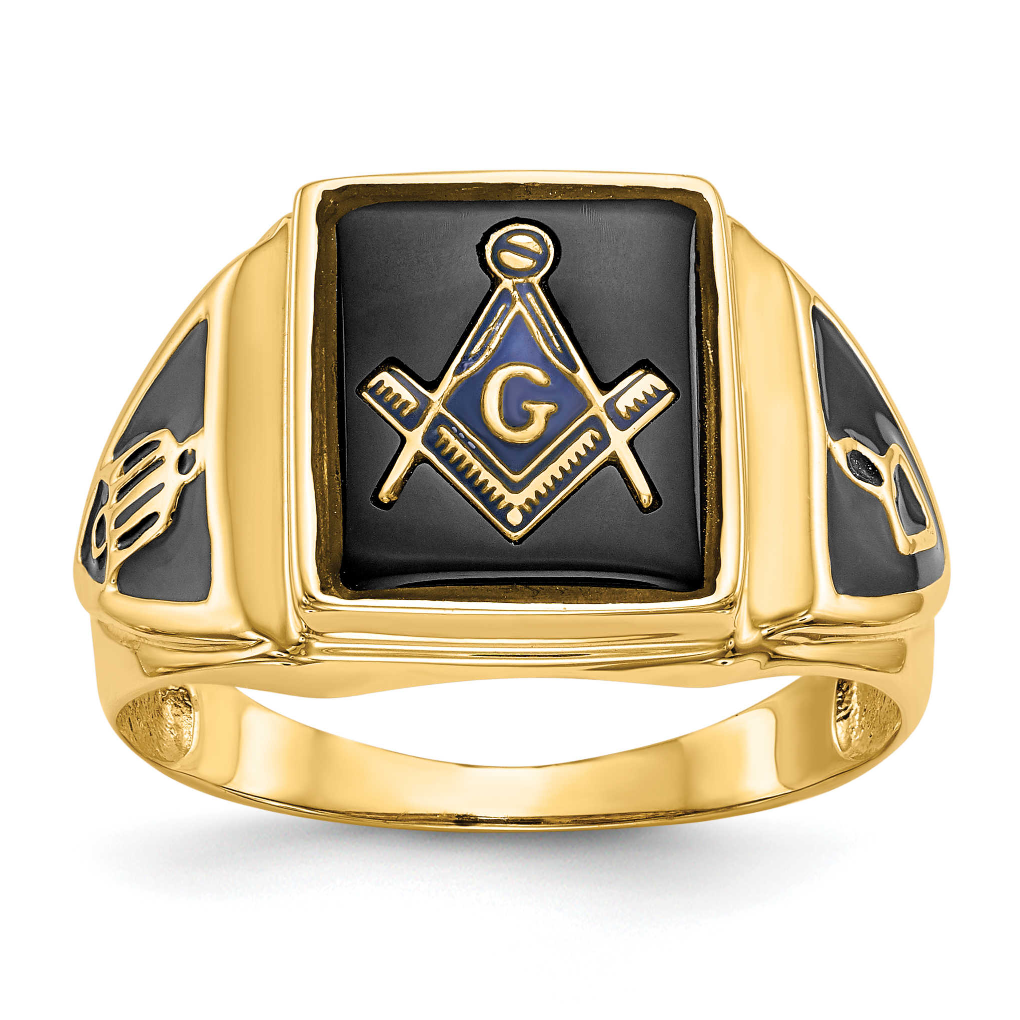 14k Men's Polished, Antiqued & Textured Onyx Masonic Ring (Y4098M)