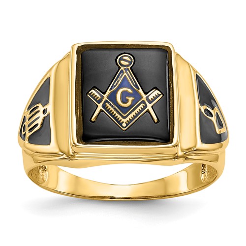 IB Goodman 14K Yellow Gold Mens Polished Antiqued and Textured Onyx Masonic Ring