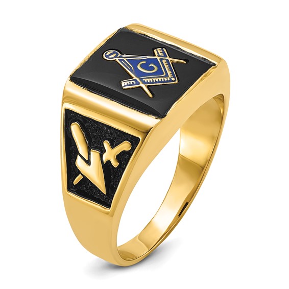 IB Goodman 14k Mens Polished and Textured with Black Enamel and Onyx Masonic Ring