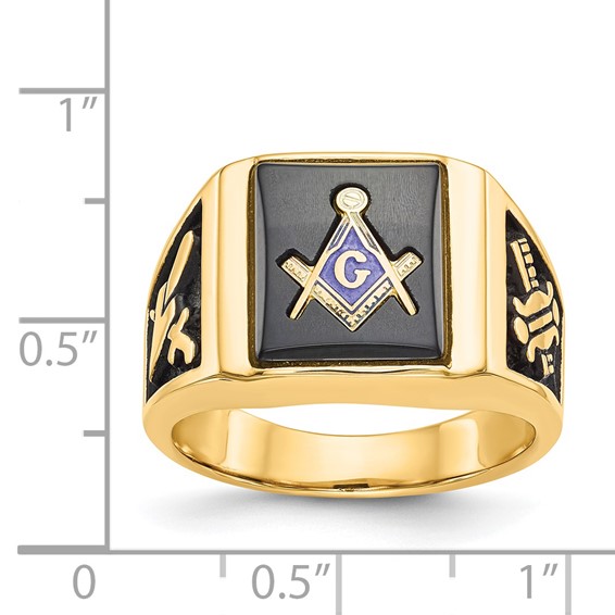 IB Goodman 14k Mens Polished and Textured with Black Enamel and Onyx Masonic Ring