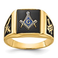 IB Goodman 14K Yellow Gold Mens Polished and Textured Ring with Black Enamel and Onyx Masonic view 1