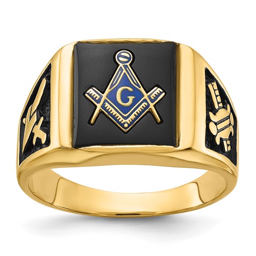 IB Goodman 14K Yellow Gold Mens Polished and Textured Ring with Black Enamel and Onyx Masonic