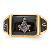 IB Goodman 14K Yellow Gold Mens Polished and Textured Black Enamel and Onyx Masonic Ring view 4