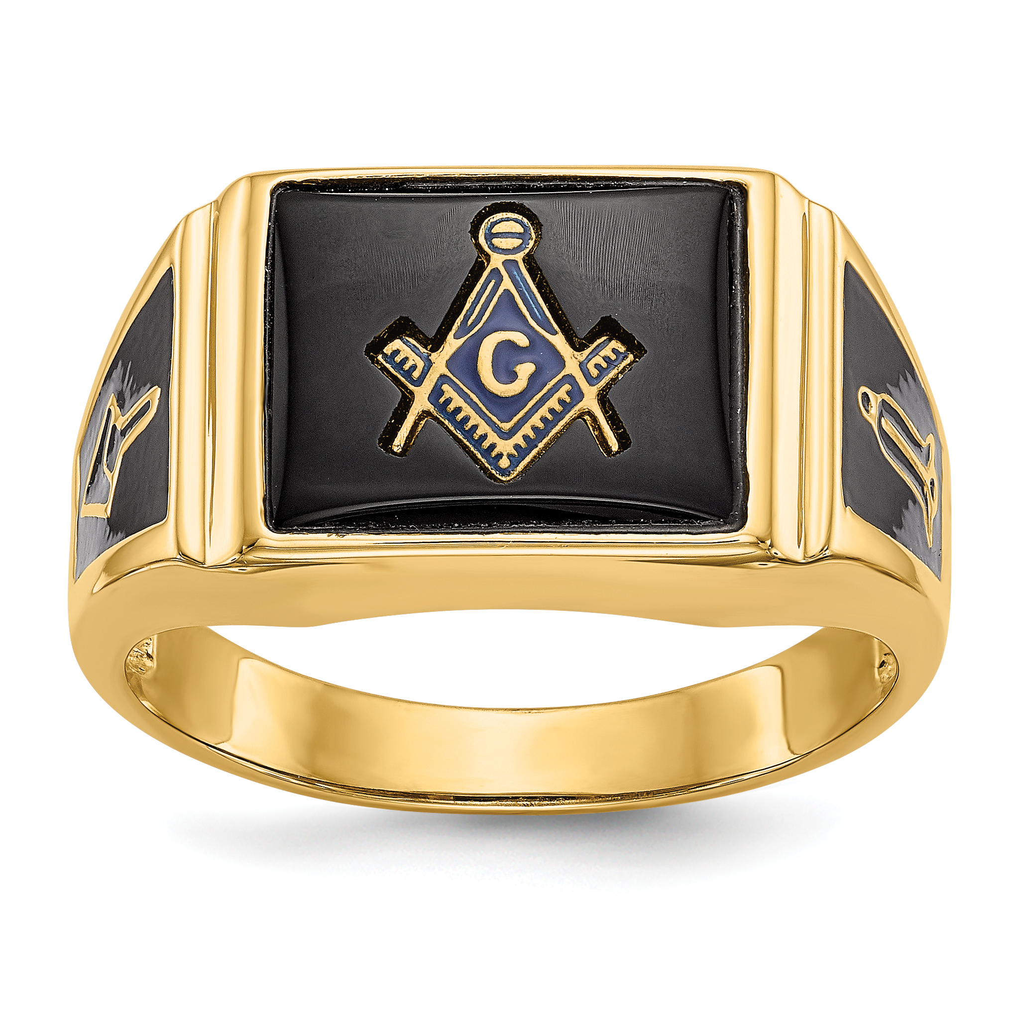 14k Men's Polished and Textured with Black Enamel and Onyx Masonic Ring (Y4108M)