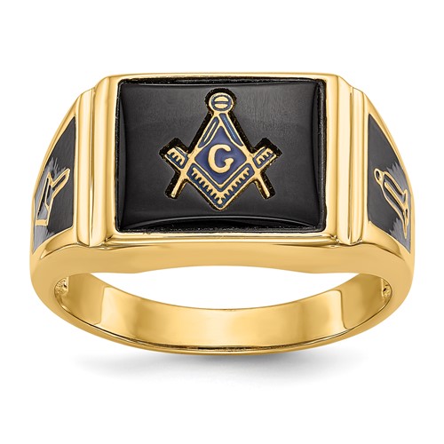 IB Goodman 14K Yellow Gold Mens Polished and Textured Black Enamel and Onyx Masonic Ring