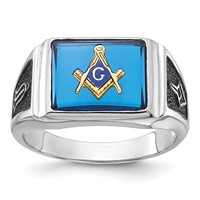 IB Goodman 14K White Gold Mens Polished and Textured Black Enamel Imitation Blue Spinel Masonic Ring view 1