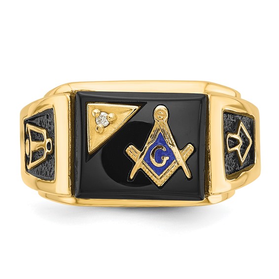 IB Goodman 14k Mens Polished and Textured with Black Enamel Onyx and AA Quality Diamond Masonic Ring