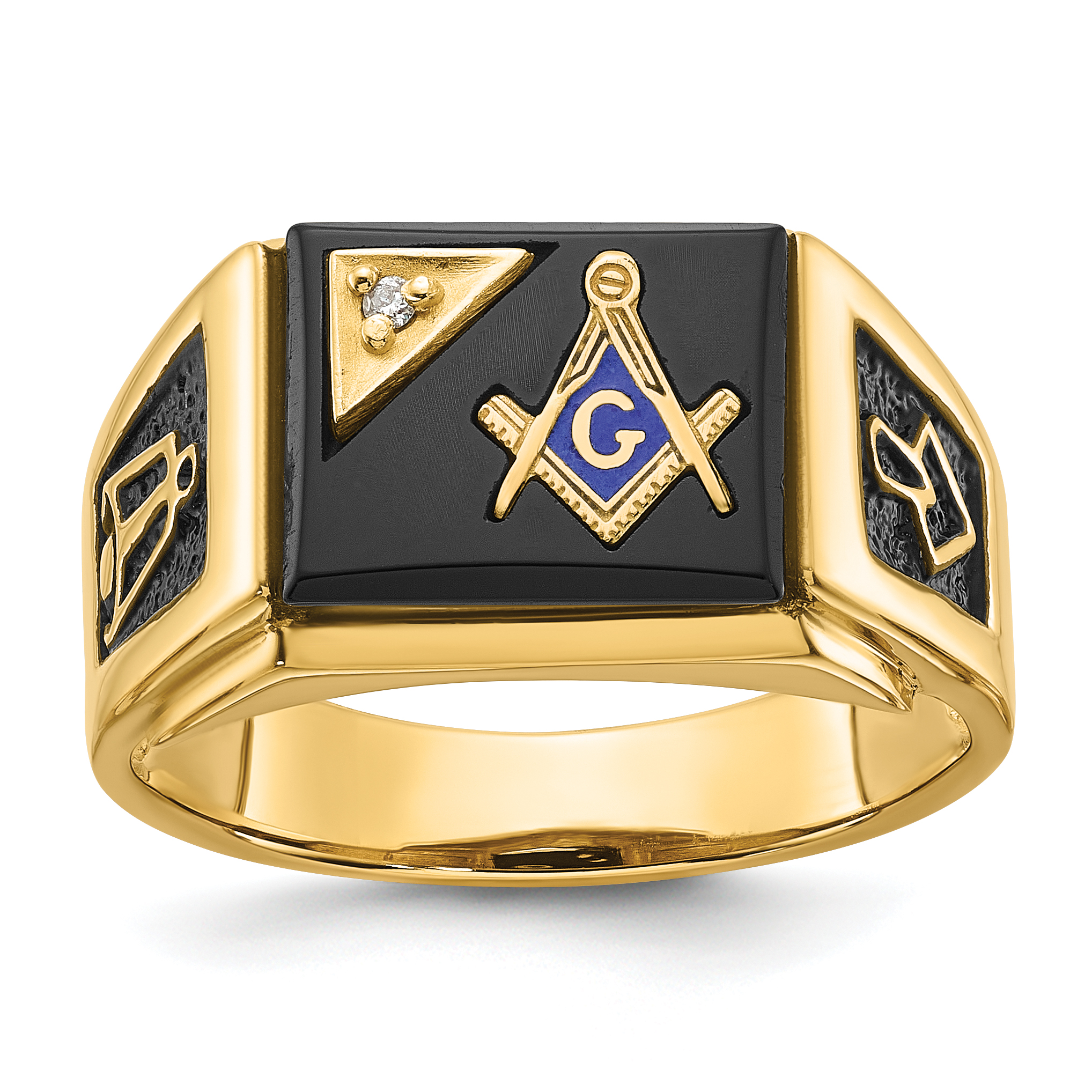 14k Men's Polished and Textured with Black Enamel, Onyx and AA Quality Diamond Masonic Ring (Y4110MAA)