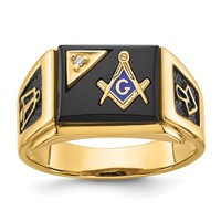 IB Goodman 14K Yellow Gold Mens Polished and Textured Ring with Black Enamel Onyx and AA Quality Diamond Masonic view 1
