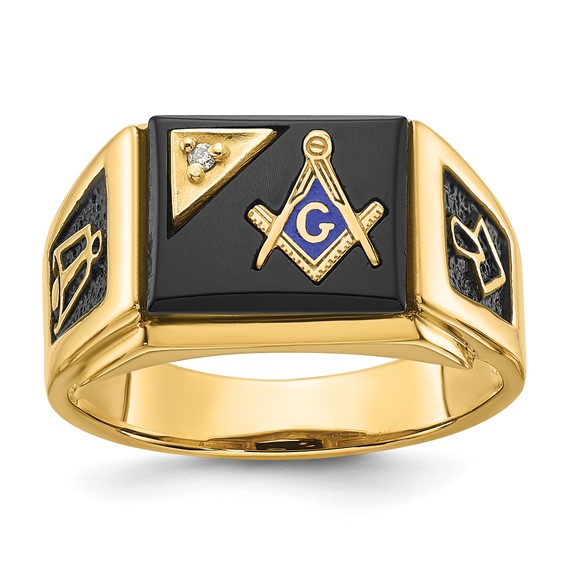 IB Goodman 14k Mens Polished and Textured with Black Enamel Onyx and AA Quality Diamond Masonic Ring