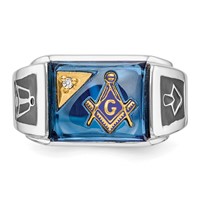 IB Goodman 14K White Gold Mens Polished and Textured Ring with Black Enamel Diamond and Imitation Blue Spinel Masonic view 5