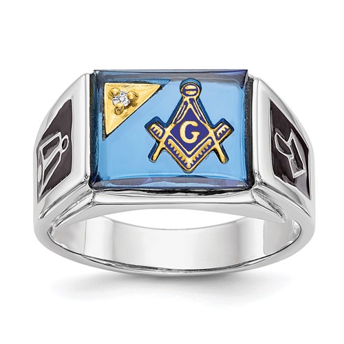 IB Goodman 14K White Gold Mens Polished and Textured Ring with Black Enamel Diamond and Imitation Blue Spinel Masonic