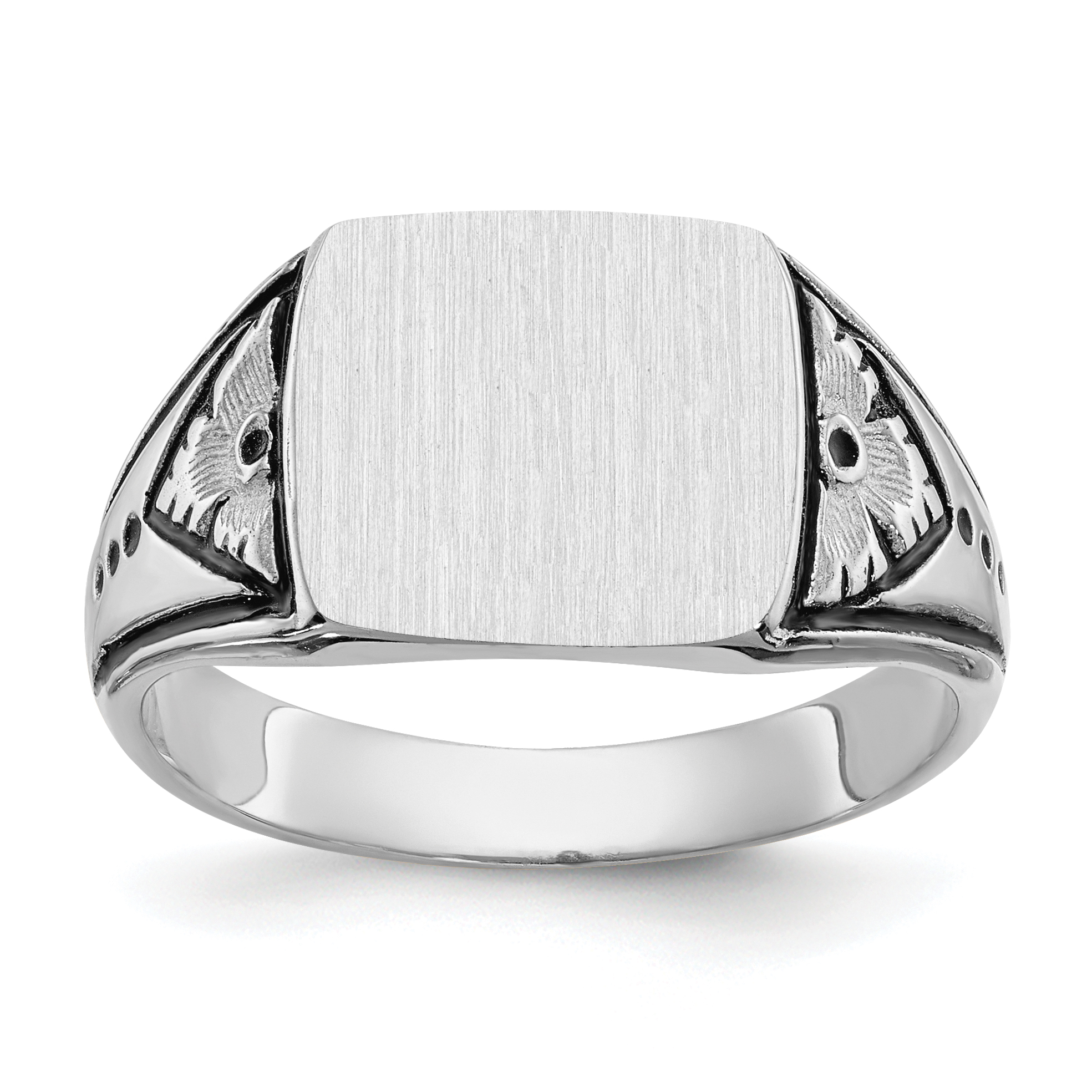 14k White Gold 11.5x11.0mm Closed Back Antiqued Mens Signet Ring (Y4138)