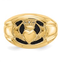 14K Yellow Gold Mens AA Diamond and Onyx Claddagh Ring view 5