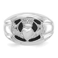 14K White Gold Mens AA Diamond and Onyx Claddagh Ring view 5