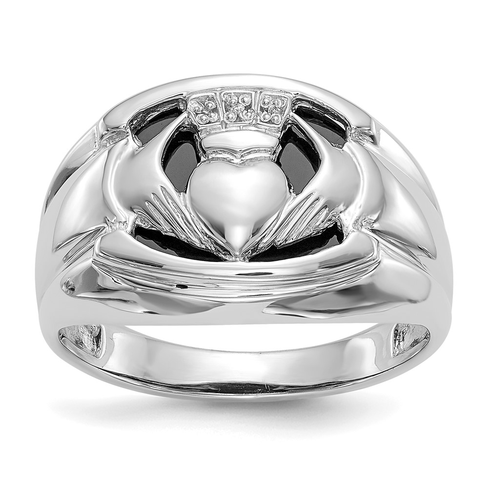 14K White Gold Mens AA Diamond and Onyx Claddagh Ring