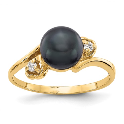 14K 7mm Yellow Gold Black Freshwater Cultured Pearl and 1/20 Carat Aaa Diamond Ring