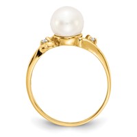 14K 7mm Yellow Gold White Freshwater Cultured Pearl and 0.05 Carat AA Diamond Ring view 2