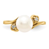 14K 7mm Yellow Gold White Freshwater Cultured Pearl and 0.05 Carat AA Diamond Ring view 4