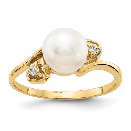 14K 7mm Yellow Gold White Freshwater Cultured Pearl and 1/20 Carat Aaa Diamond Ring