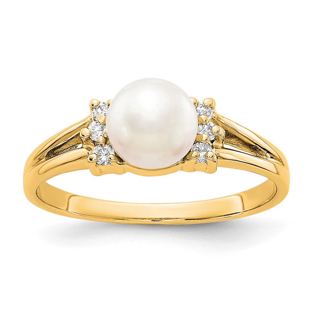 14K 6mm Yellow Gold White Freshwater Cultured Pearl and 0.07 Carat AA Diamond Ring