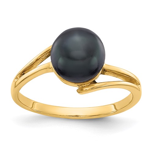 14K 7.5mm Yellow Gold Black Freshwater Cultured Pearl Ring