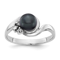 14K White Gold 6mm Black Freshwater Cultured Pearl and 0.05 Carat AA Diamond Ring view 1