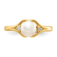 14K 6mm Yellow Gold White Freshwater Cultured Pearl and Aaa Diamond Ring view 4