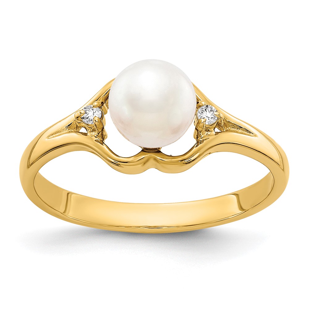 14K 6mm Yellow Gold White Freshwater Cultured Pearl and Aaa Diamond Ring