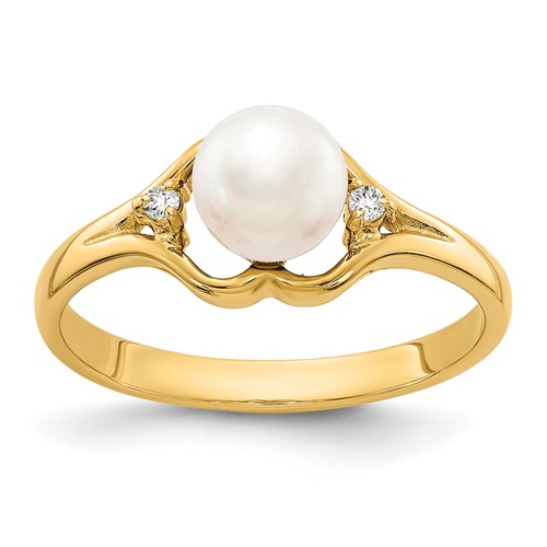 14K 6mm Yellow Gold White Freshwater Cultured Pearl and AA Diamond Ring
