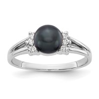 14K White Gold 6mm Black Freshwater Cultured Pearl and 0.07 Carat AA Diamond Ring view 1