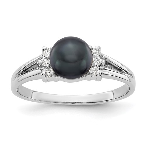 14K White Gold 6mm Black Freshwater Cultured Pearl and 1/15 Carat Aaa Diamond Ring