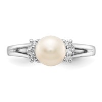 14K White Gold 6mm White Freshwater Cultured Pearl and 0.07 Carat VS Diamond Ring view 4