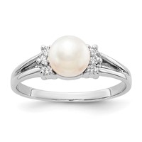 14K White Gold 6mm White Freshwater Cultured Pearl and 0.07 Carat VS Diamond Ring view 1