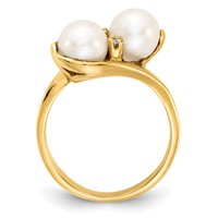 14K 6mm Yellow Gold White Freshwater Cultured Two-Pearl and AA Diamond Ring view 2